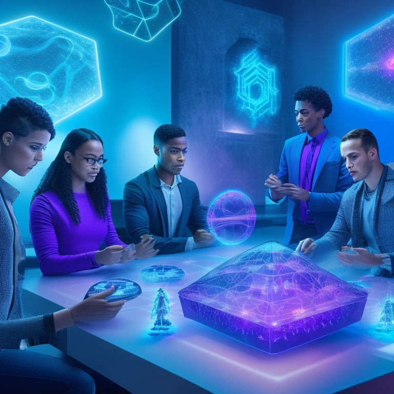 A vibrant, futuristic virtual classroom with students avatars gathered around a holographic math puzzle, surrounded by floating math symbols, shapes, and glowing circuits.