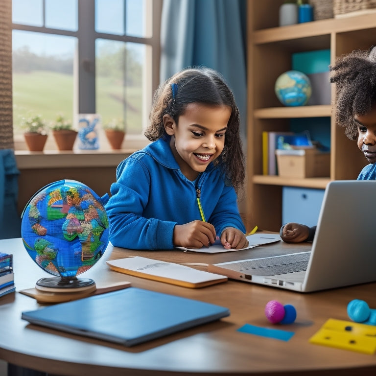 A serene, clutter-free homeschooling setup with a laptop open to a math learning platform, surrounded by a few carefully placed manipulatives, a globe, and a happy, engaged child in the background.