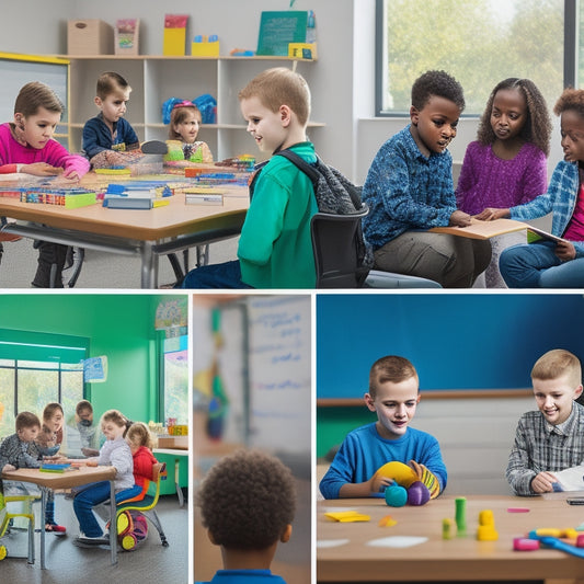 A colorful, clutter-free classroom with diverse students engaged in interactive activities: a boy with autism using a tablet, a girl with a wheelchair playing with blocks, and others collaborating on a touch-sensitive whiteboard.