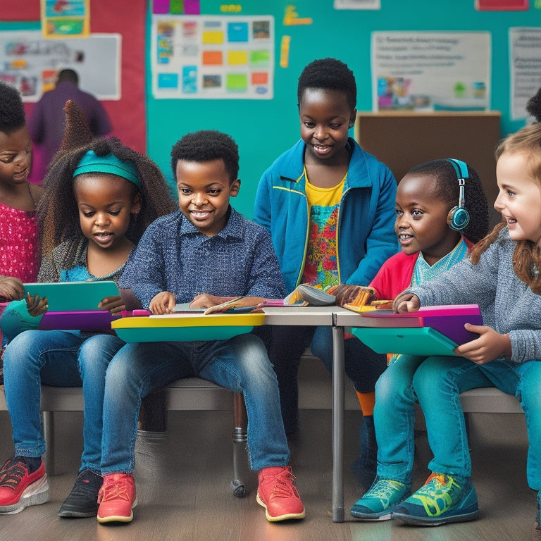 A colorful illustration of a diverse group of children with varying abilities using assistive technology devices, such as tablets, headphones, and communication boards, in a bright and inclusive classroom setting.