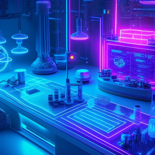 A futuristic, neon-lit laboratory background with various digital devices, gadgets, and robots, surrounded by 3D models of molecules, equations, and geometric shapes, with subtle glowing lines and circuits.