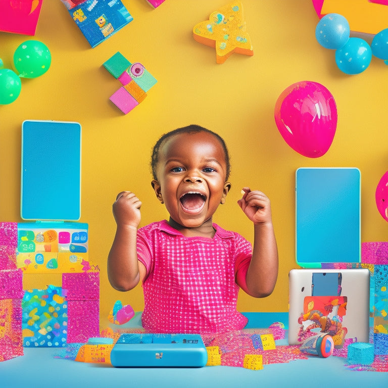 A colorful illustration of a smiling preschooler surrounded by digital devices, such as a tablet and laptop, with educational apps and games displayed on the screens, amidst a playful background of blocks, toys, and confetti.