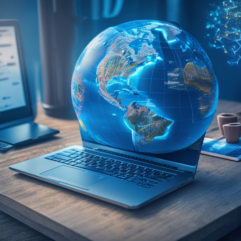 An illustration of a digital globe surrounded by interconnected gears, laptops, and tablets, with a subtle math equation pattern in the background, conveying seamless online learning.