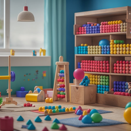 A colorful, clutter-free playroom with a variety of toys and educational materials, featuring a prominent wooden abacus, a set of number blocks, and a geometric shape sorter in the foreground.