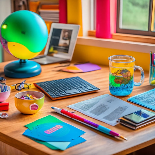 A colorful, clutter-free desk with a laptop, a cup of steaming coffee, and a few neatly arranged worksheets in the background, surrounded by colorful pens and a miniature globe.