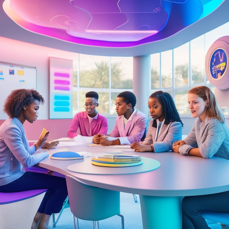 A futuristic classroom with diverse students engaged on tablets, surrounded by gentle, swirling shapes in pastel hues, conveying personalized learning pathways and inclusive education.