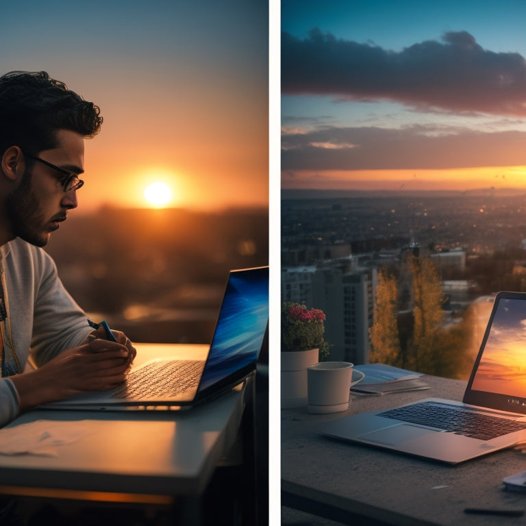A split-screen image featuring a distressed student surrounded by crumpled papers and broken pencils on one side, and a calm student working on a laptop with a cityscape or sunset background on the other.