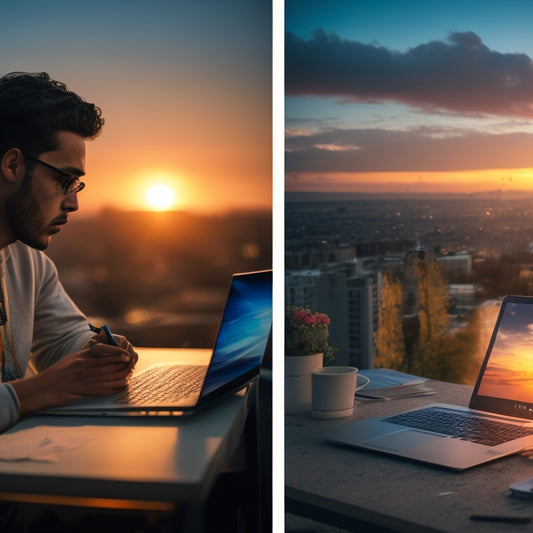 A split-screen image featuring a distressed student surrounded by crumpled papers and broken pencils on one side, and a calm student working on a laptop with a cityscape or sunset background on the other.