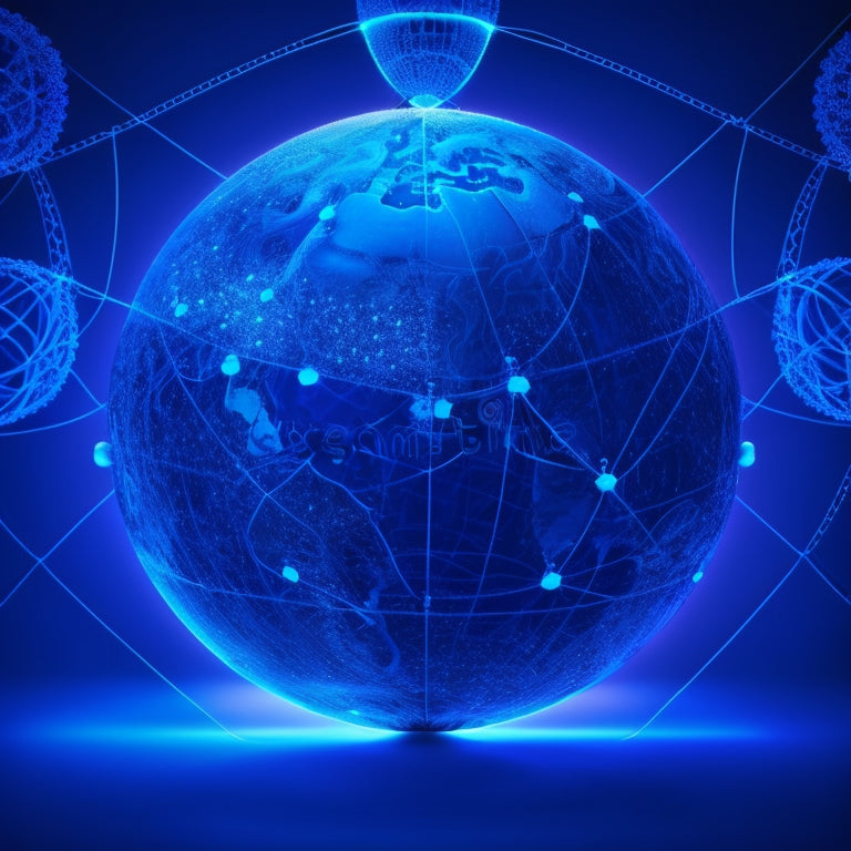 A futuristic, minimalist illustration featuring a 3D globe surrounded by orbiting STEM symbols (e.g. atoms, gears, code brackets) connected by glowing, neon-blue lines and nodes, set against a dark blue background.