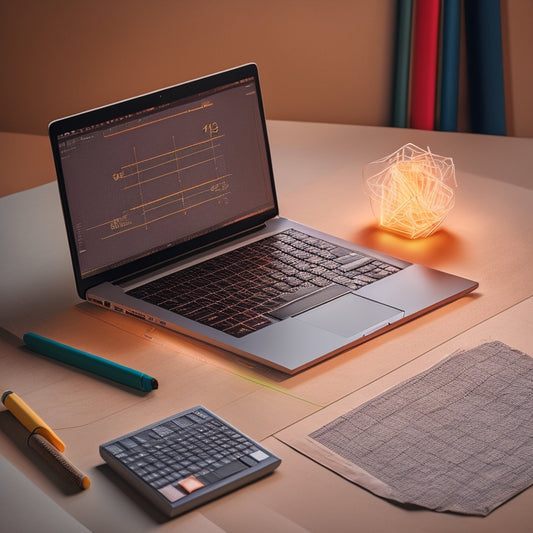 A minimalist illustration featuring a laptop with a glowing screen displaying a grid of math problems, surrounded by scattered pencils, erasers, and a few crumpled papers, with a subtle background of subtle calculus equations.