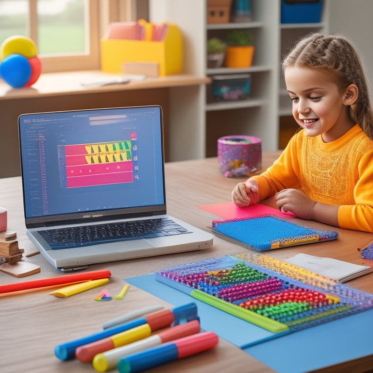 Illustrate a colorful and organized digital workspace with a laptop, a smiling 2nd grader, and surrounding math tools like a virtual abacus, geometric shapes, and a pencil with a star on top.