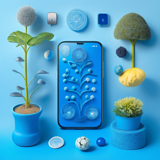 A stylized illustration of a smartphone with a calming blue background, surrounded by thought bubbles containing emotive faces, puzzle pieces, and a growing plant, symbolizing emotional intelligence development.