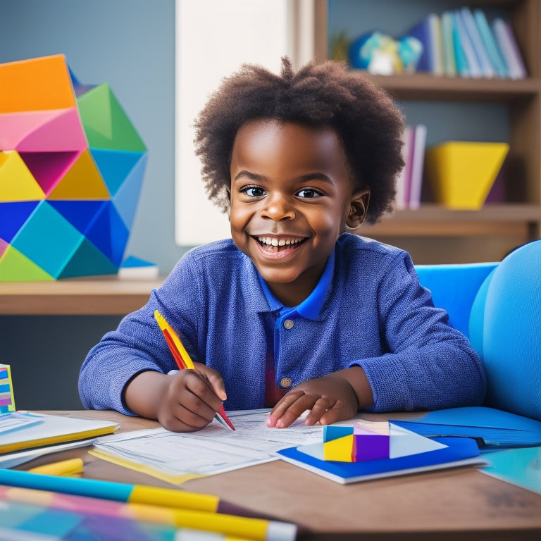 A colorful illustration of a smiling elementary-aged child sitting in front of a laptop, surrounded by scattered math worksheets and pencils, with a subtle background of geometric shapes and numbers.