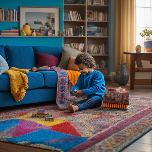 A warm and cozy living room with a child sitting on a colorful rug, surrounded by scattered books and educational toys, with a parent sitting beside them, both smiling and engaged.