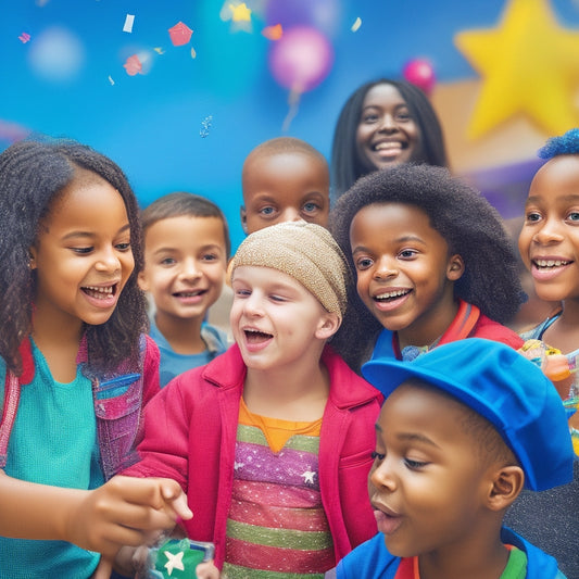 A colorful illustration depicting a diverse group of elementary school students gathered around a digital tablet, engaged in a math game, with confetti, stars, and other celebratory elements surrounding them.