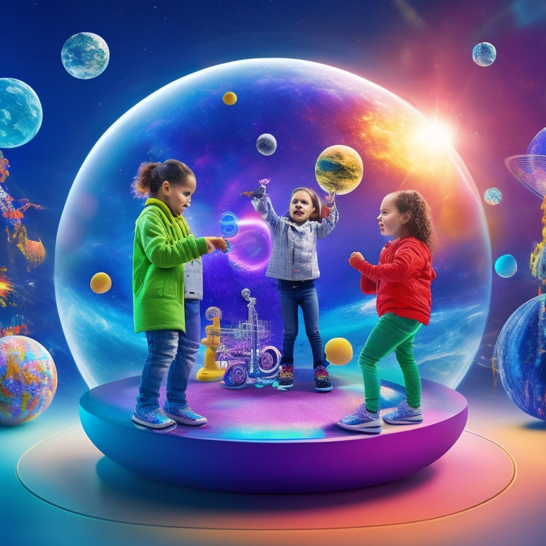 A colorful illustration of kids in a virtual lab, surrounded by orbiting planets, spinning wheels, and bursting bubbles, with robotic arms and 3D models of molecules in the background.
