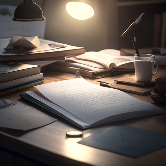 A cluttered desk with scattered math textbooks, crumpled papers, and a lone pencil, surrounded by a halo of light, with a calm and organized workspace emerging in the background.