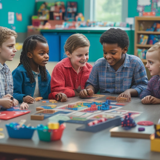 A colorful, clutter-free classroom scene with diverse elementary school students gathered around tables, surrounded by math-based board games, puzzles, and manipulatives, engaged in joyful learning activities.