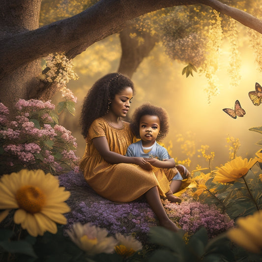 A warm, golden-lit illustration of a parent and child sitting on a tree branch, surrounded by blooming flowers and fluttering butterflies, with a subtle, shimmering aura radiating from the child.