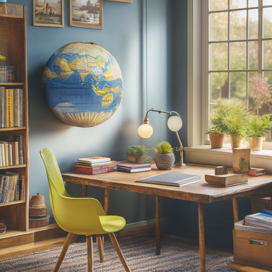 A warm and inviting home study area with a desk, chair, and laptop, surrounded by colorful math textbooks, pencils, and a globe, with a subtle chalkboard background and soft natural light.