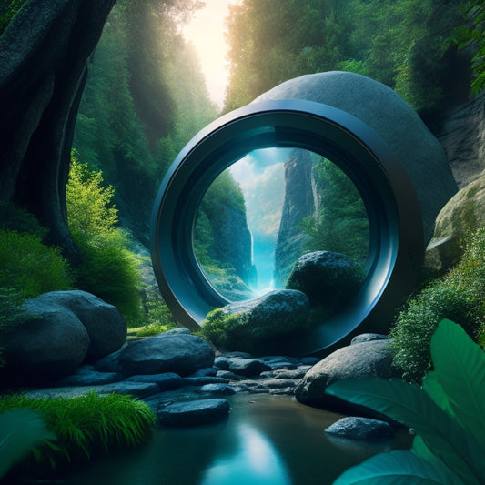 A futuristic, glowing portal swirls in mid-air, surrounded by lush greenery, with a sleek Oculus Quest 2 headset resting on a nearby rock, beckoning the viewer to step into an immersive world.