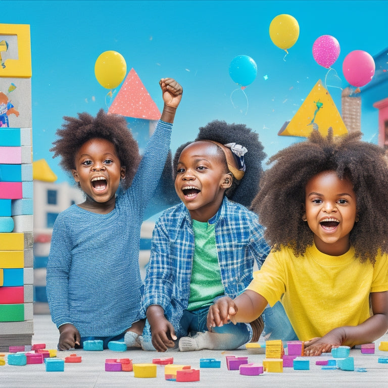 A colorful illustration of happy children with diverse skin tones and abilities playing interactive games, surrounded by building blocks, puzzles, and brain teasers, set against a bright blue background with confetti and balloons.