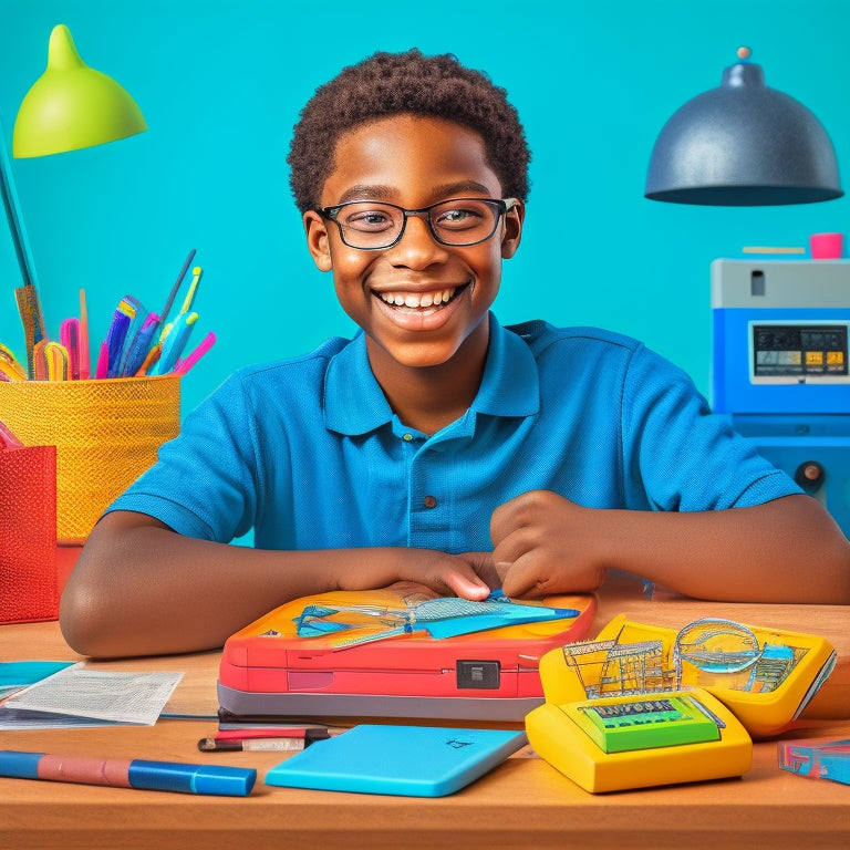 An illustration of a smiling 8th grader surrounded by various math tools and objects, such as a calculator, geometry shapes, a pencil case, and a laptop with a math problem on the screen.