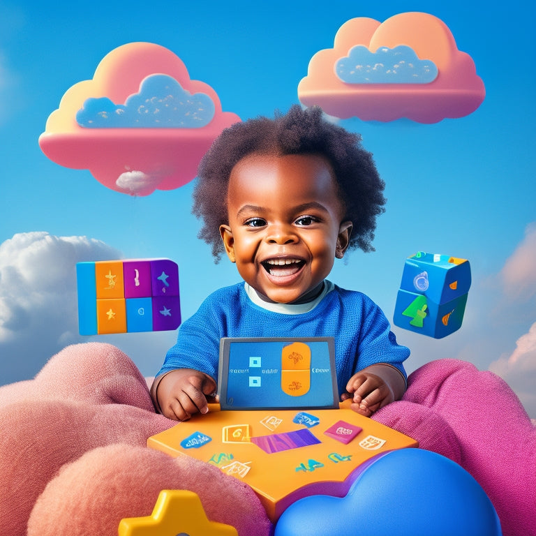 A colorful illustration of a smiling preschooler sitting in front of a tablet, surrounded by virtual math blocks, shapes, and numbers, with a puzzled yet curious expression, amidst a subtle background of gentle, swirling clouds.
