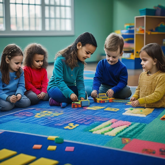 A colorful classroom scene with kindergarten students engaged in various interactive math activities: a boy counting blocks, a girl tracing shapes on a light table, and a group playing with number lines on a carpet.