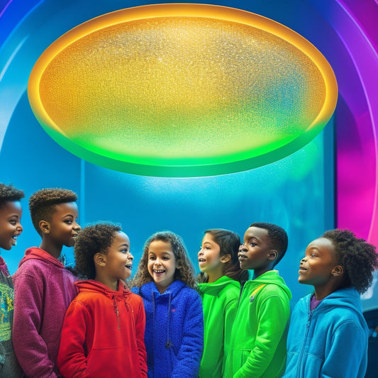 A colorful illustration of a diverse group of students, aged 8-12, gathered around a large, circular, interactive screen displaying a vibrant, 3D educational game, with thought bubbles and lightbulbs above their heads.