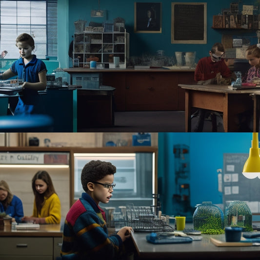 A split-screen image: a cluttered traditional classroom with a bored teenager in the background, versus a curious homeschooled student conducting a fun, colorful science experiment in a bright, organized home lab.