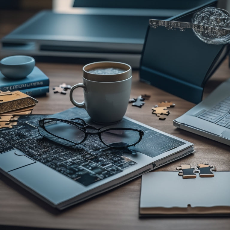 A minimalist desk scene with a laptop, a pair of wire-rimmed glasses, and an open book, surrounded by scattered puzzle pieces, brain-shaped bookmarks, and a subtle background of circuit board patterns.