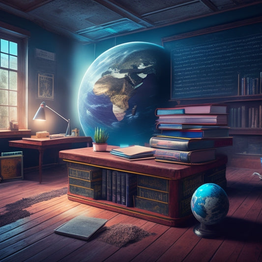An illustration of a traditional classroom in the background, with a worn-out chalkboard, dusty books, and dim lighting, overshadowed by a futuristic, brightly lit digital hub in the foreground, with sleek laptops, tablets, and virtual reality headsets.