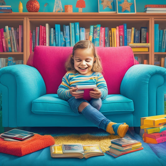 A colorful illustration of a happy child sitting on a couch, surrounded by multiple tablets and e-readers, with various reading apps open on each device, and a few favorite books scattered around.