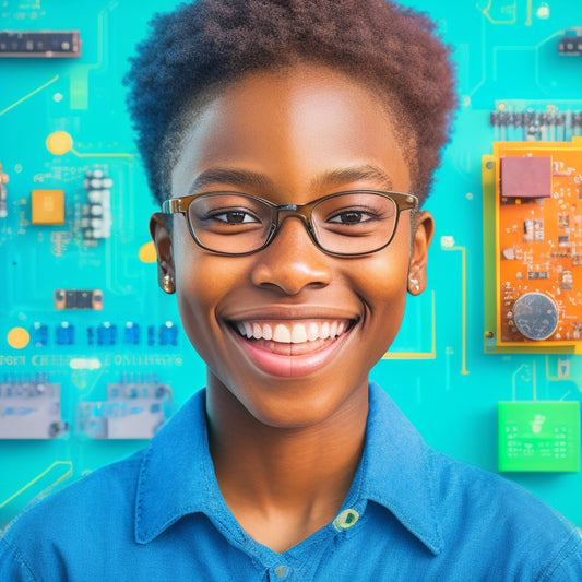 A colorful, minimalist illustration of a smiling young student surrounded by digital devices, math symbols, and icons, with a subtle background of circuit boards and coding patterns.