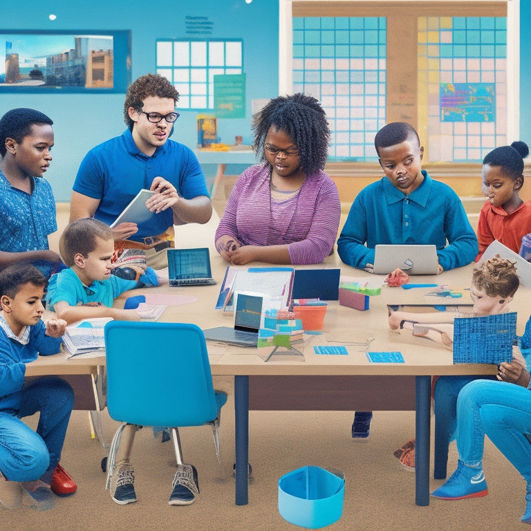 An illustration of a diverse group of students with special needs, each engaged with a tablet or laptop, surrounded by colorful math-related icons, such as blocks, shapes, and graphs, in a bright and inclusive classroom setting.