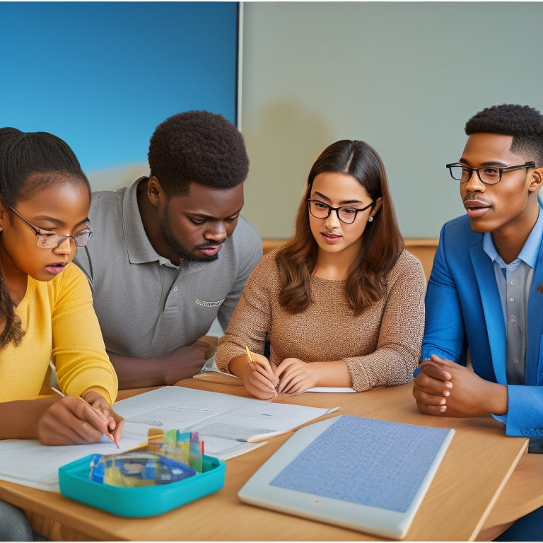 An illustration of a diverse group of students from different ethnic backgrounds gathered around a virtual whiteboard, interacting with a tutor who is writing math equations and diagrams.