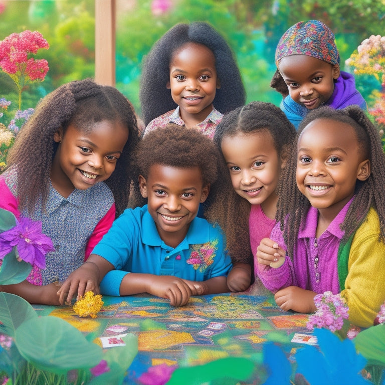 An illustration of a diverse group of happy children aged 6-10, surrounded by colorful educational game boards, puzzles, and tablets, with a subtle background of a vibrant, blooming garden.
