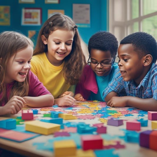 A colorful illustration of 3rd-grade students gathered around a table, surrounded by puzzle pieces, building blocks, and brain teasers, with thought bubbles and excited facial expressions.