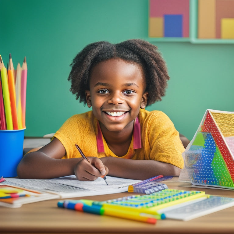 A colorful illustration of a smiling 4th-grade student sitting at a desk, surrounded by pencils, a calculator, and a stack of worksheets with math problems and solutions, amidst a subtle background of geometric shapes.