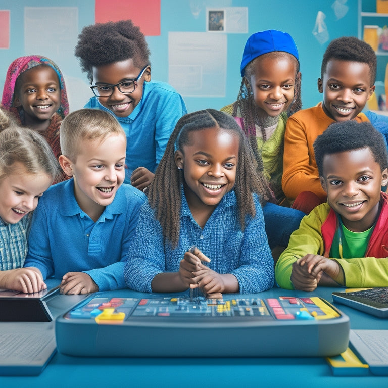 A colorful illustration of a diverse group of happy children aged 6-12, surrounded by laptops, tablets, and gaming consoles, engaged in educational games, with subtle hints of learning concepts like math, science, and language.