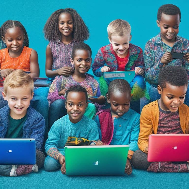 A colorful, stylized illustration of a diverse group of children with special needs surrounded by laptops, tablets, and digital devices, each displaying customized learning interfaces and adaptive tools.