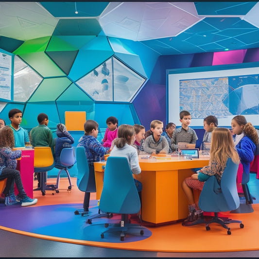 A colorful, futuristic classroom with 6th-grade students gathered around interactive math lessons on tablets, laptops, and a large screen, surrounded by geometric shapes and math symbols.