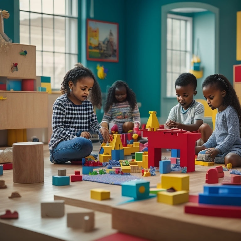 A colorful, clutter-free playroom with a mix of wooden blocks, puzzles, building bridges, and brain teasers, surrounded by curious children of diverse ages and abilities, engaged in active play.