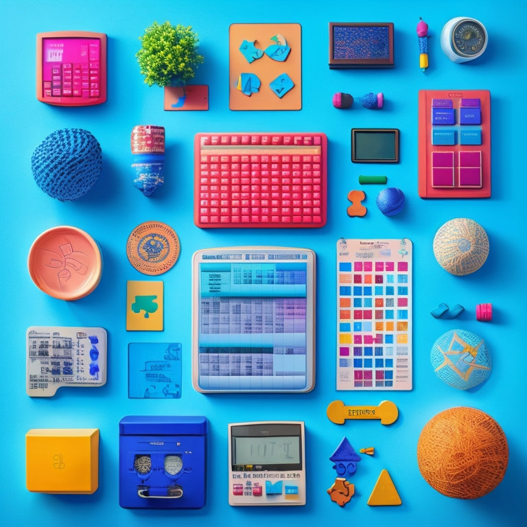 A colorful, organized digital corkboard with various icons, including a calculator, globe, and puzzle pieces, surrounded by swirling math symbols and geometric shapes, set against a bright blue background.