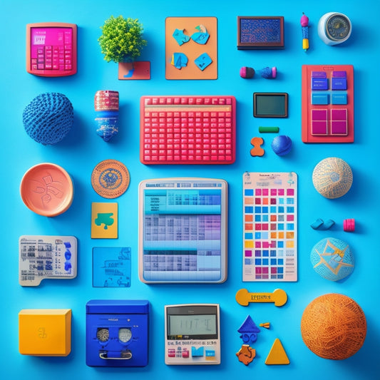 A colorful, organized digital corkboard with various icons, including a calculator, globe, and puzzle pieces, surrounded by swirling math symbols and geometric shapes, set against a bright blue background.