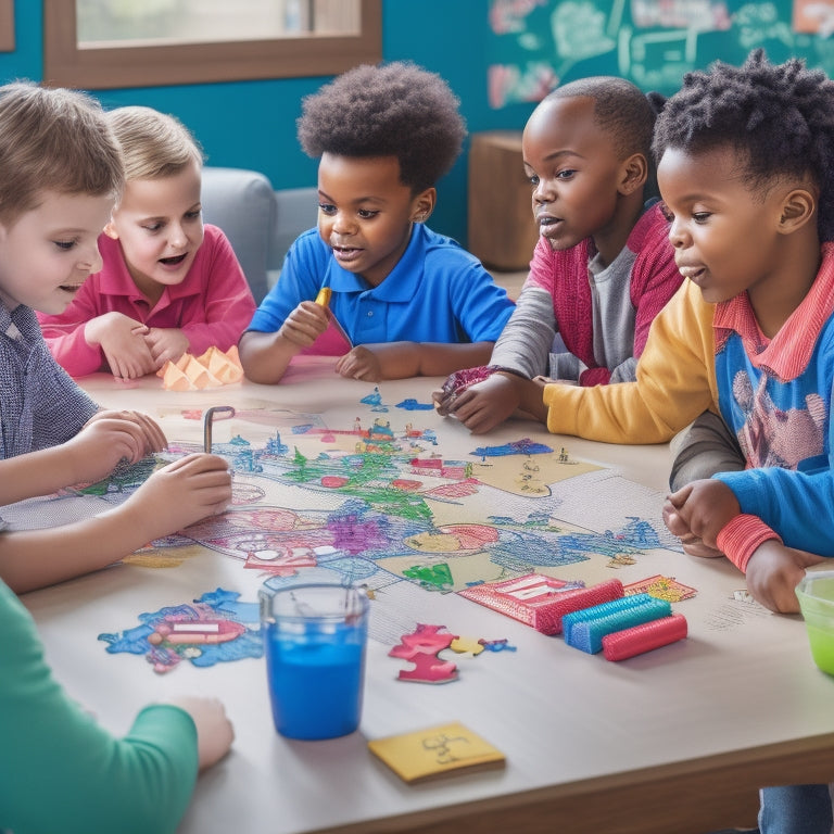 A colorful illustration of diverse elementary students gathered around a table, surrounded by math tools, puzzle pieces, and thought bubbles, collaboratively solving a large, complex math problem on a whiteboard.