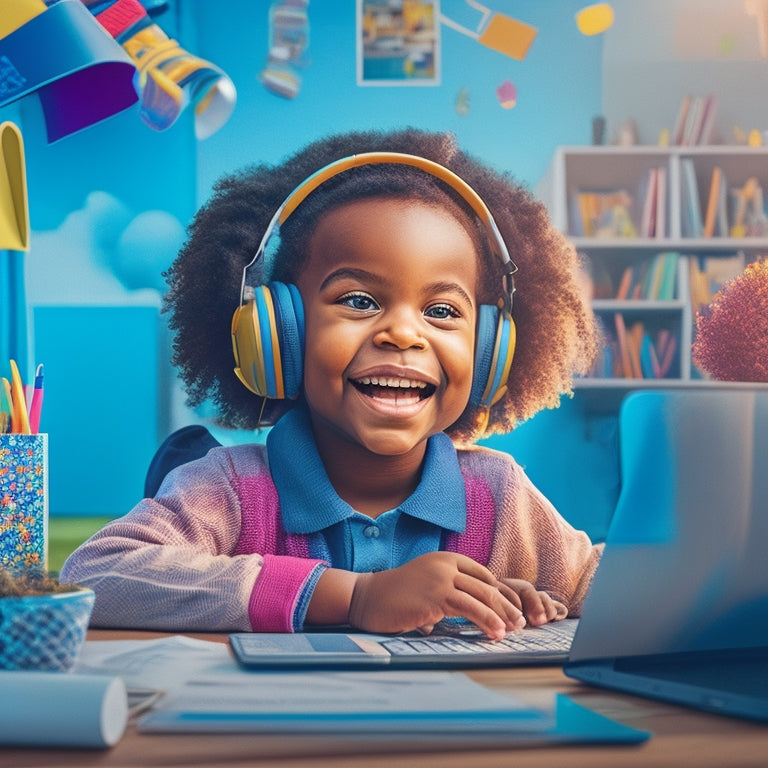 A cheerful, colorful illustration of a smiling child, surrounded by digital devices and educational materials, sitting comfortably in a cozy, well-organized virtual learning space with a subtle cityscape background.