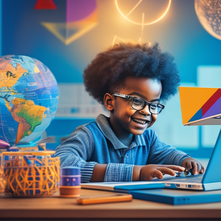 A colorful illustration of a smiling child sitting in front of a laptop, surrounded by math-related objects like geometric shapes, calculators, and a globe, with a subtle cityscape or futuristic background.