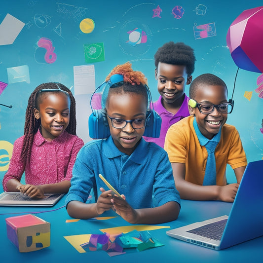 A colorful illustration of a happy, diverse group of kids (ages 6-12) engaged in virtual math learning activities, surrounded by laptops, tablets, and virtual reality headsets, with mathematical symbols and shapes floating around them.